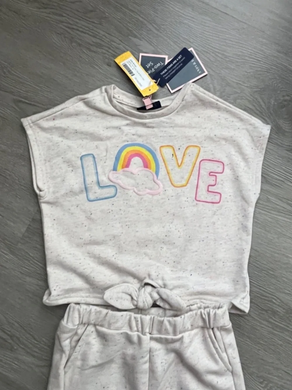 Andy & Evan Girls 2 Piece James French Terry Tie Front Top & Short Set, Love 6